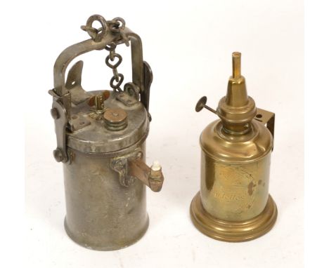 Two vintage lamps as follows Premier carbide lamp (missing reflector cowl ) and a Hirondelle lamp (missing  globe)