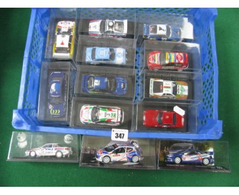 Thirteen 1:43rd Scale 'Pieceworks' Diecast Model Rally Cars, including Porsche 911 Carrera RS, Ford Escort MKI, cased.