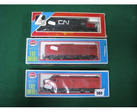 Three "HO"Gauge USA Outline Diesel Locomotives, boxed LIMA "CN" R/No 3220 Ref 208086L plus two "Model Power" CP Rail FA2 dies