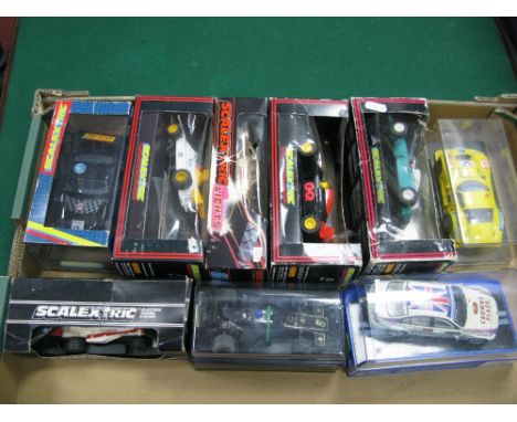 Nine Plastic Model Slot Cars Predominantly, by Scalextric including BMW 320si WTCC, C 613 Formula "Navico", boxed.