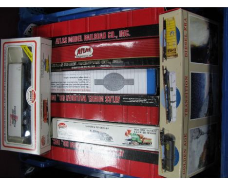 Eight "HO" Gauge American Outline Rolling Stock Items, by Atlas, Model Power, Bachmann including Sante Fe Canadian Grain Hopp