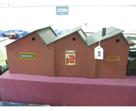 A Mid XX Century 'O' Gauge Bassett Lowke Style Wooden Engine Shed, twin track, with six tins signs.