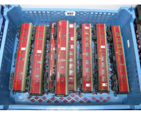 Eight Hornby "OO"Gauge/4mm 2/3 Rail BR MKI Coaches, maroon, restaurant car R/No E1939, composite R/No E15770, two brake/2nd R