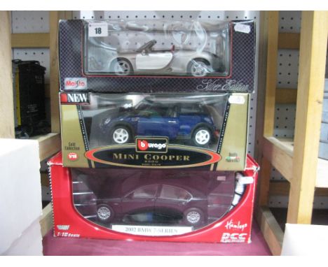 Three 1:18th Scale Diecast Model Cars, by Burago, Maisto, Motor Max, including 2002 BMW 7 Series, Porsche Boxster, Mini Coope