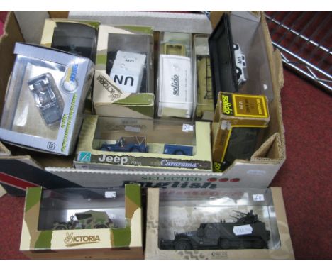 Ten Military Themed Diecast Model Vehicles, by Victoria, Solido, Atlas Editions and other, including Bussing NA9, Hummer, box