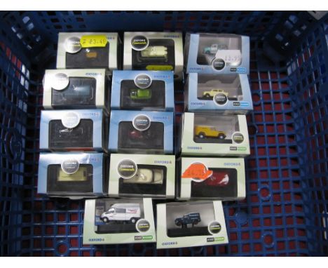 Fourteen Oxford "N" Gauge Cased Diecast Vehicles, cars, small vans, caravan, AA motorbike/side car noted.