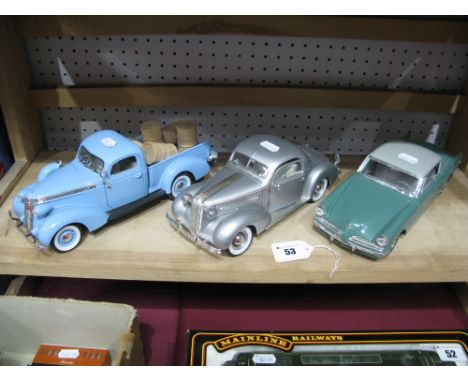Three Outline American 1:18th Scale Diecast Model Cars, by Maisto, Road Signature including 1937 Studebaker, 1953 Studebaker,