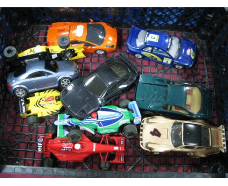 Ten Loose Scalextric Slot Racing Cars, including Subaru Impreza, Audi TT, playworn.