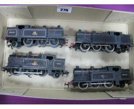 Four Hornby Dublo 4mm Class N2 0-6-2 Tank Steam Locomotives, BR black, two unboxed two/three rail R/No's 69567, playworn to g