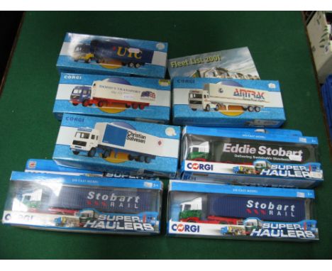 Seven Corgi Diecast Model Commercial Vehicles, including Volvo Container Dodds Transport, boxed.