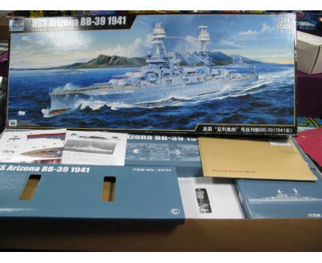 A 1/200 Scale Model Kit of The 1941 USS Arizona, by Trumpeter, appears unstarted, with brass detailing kit, boxed, unchecked.