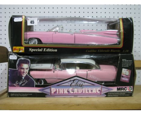 Two 1:18th Scale Diecast Model Pink Cadillac, MRC Elvis Pink Cadillac 1955, Maisto Cadillac Eldorado Biarritz, boxed, crushin