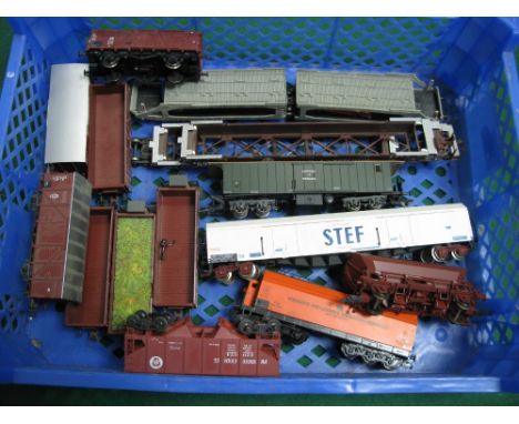 Fifteen "HO" Gauge Continental Outline Unboxed Wagons, by Roco, Kleinbahn, Rivarossi etc, ore wagons, hopper, car transporter