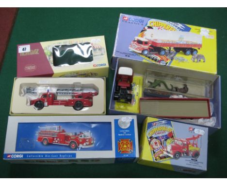 Four Diecast Model Vehicles by Corgi, including #73502 Berliet GLR Grande Echelle 'Marseille' Fire engine, Chipperfields Circ