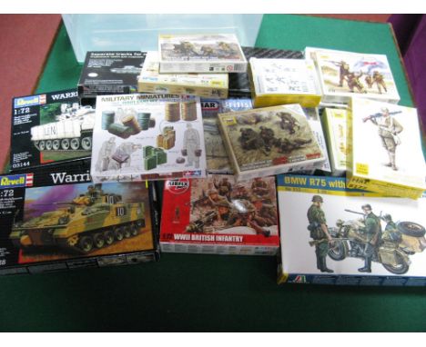 Sixteen Plastic Model Kits, by Italeri, Revell, Hat, Zveda, Tamiya and other, all with a military theme, including Revell 1:7