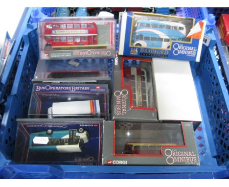 Eight Corgi 'The Original Omnibus Company' 1:76th Scale Diecast Model Buses, including #40105 Weymann Coronation Trolleybus -