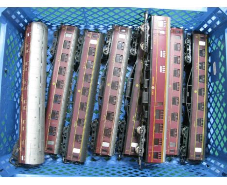 Six Airfix "OO"Gauge/4mm LMS Maroon Passenger Coaches,  R/No's  3931 and 3935, signs of weathering, plus a LIMA dining car LM