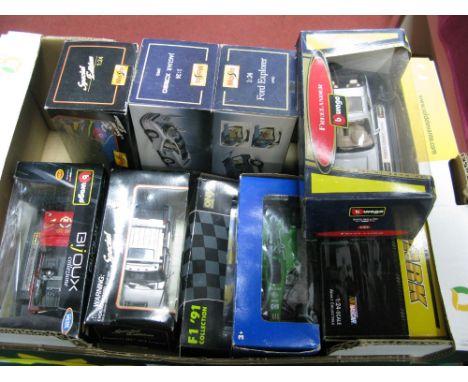Nine 1:24th Scale and Similar Diecast Model Cars, by Burago, Maisto, Revell, Onyx, Hot Wheels including Revell Steve Park 200