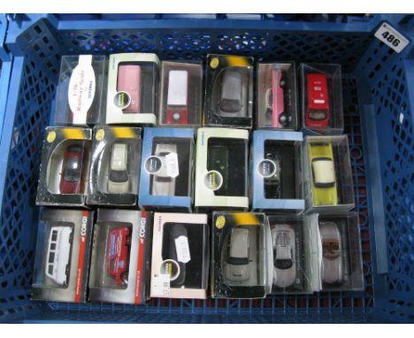 Eighteen 'OO' Gauge/1:76th Scale Cased Diecast Vehicles, by Corgi, Oxford, Cararama, etc - cars, vans, Birmingham Tram noted,