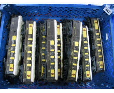 Eleven Triang "OO"Gauge/4mm Brown/Cream Pullman Coaches, Car No 79 (3),  "Jane" (3), "Ruth" (2) and "Mary" (3), playworn to g