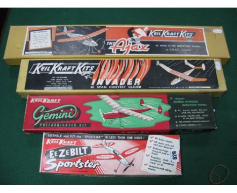 Four KielKraft Balsa Wood Model Aircraft Kits, including The Ajax, Invader, Gemini, Sportster, earlier style of boxes noted, 