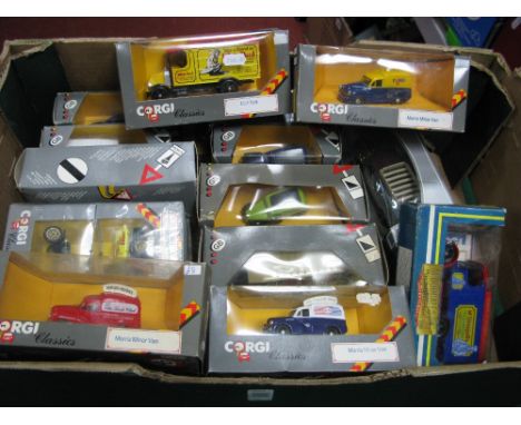 Eighteen Diecast Model Vehicles, by Corgi including Mack Truck, Morris Minor Van, 1929 Thornycroft, boxed.