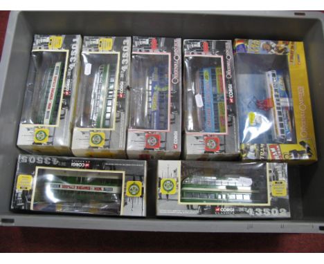 Seven Corgi Diecast Model Trams, including #43502 Blackpool Balloon Tram 'Wartime', all boxed.