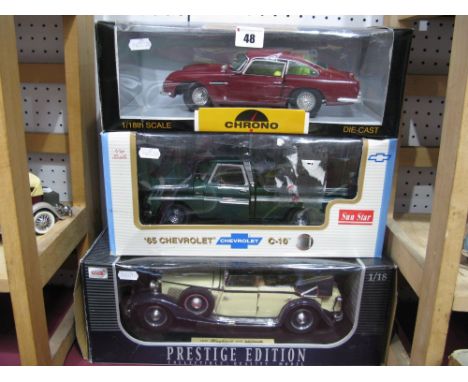 Three 1:18th Scale Diecast Model Cars, comprising of Anson 1932 Mayback DS8 Zeppelin, Sun Star "65 Chevrolet C-10, Chrono Ast