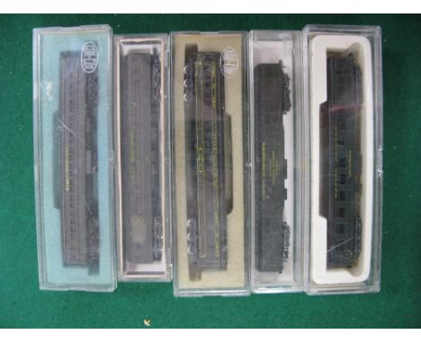 Five "N"Gauge Twelve Wheel Coaches, Pullman (name removed), three "Great Northern" by LIMA, Arnold etc- plus "Empire Builder"