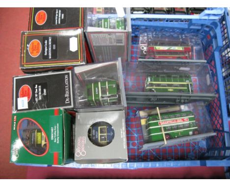 Ten 1:76th Scale Diecast Model Buses, Trams, by EFE, Corgi, including EFE Harrington Cavalier Maidstone and District, boxed.