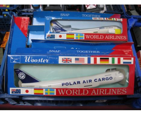 Seven Plastic Model 'Snap Together' Commercial Aircraft, of differing scales, by Wooster including TWA 767-300, boxed.