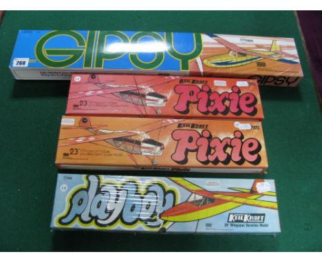 Four KielKraft Balsa Wood Model Aircraft Kits, including Pixie (2) Playboy (sealed), Gipsy, all rubber powered, boxed, buyer 