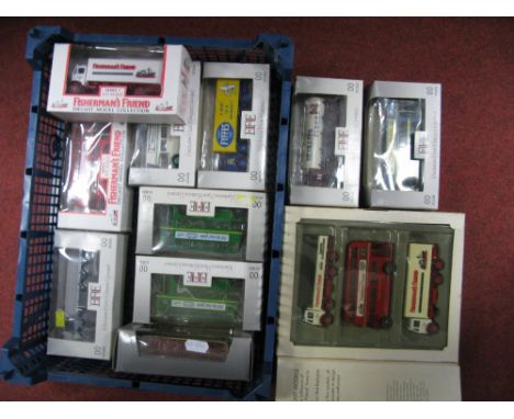 Thirteen EFE 1:76th Scale Diecast Model Buses and Commercial Vehicles, including Fishermans Friend Triple Vehicle Pack, boxed