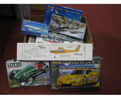 Eight Plastic Model Kits, by Airfix, Tamiya, Revell, Academy, including Tamiya 1:20th Scale Fiat 131 Abarth Rally, Academy 1: