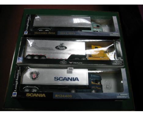 Three 1:32nd Scale Diecast and Plastic Model Long Hauler Trucks, including Mercedes-Benz Truck 18535, Scania R124/400, Mack v