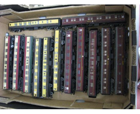 Thirteen Hornby 'OO' Gauge/4mm Unboxed Coaches, three BR maroon M2430 Sleeping Cars, BR maroon MKI Buffet Coach, BR MKI maroo