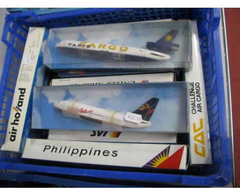 Eleven Plastic Model "Snap Together" Commercial Aircraft, of differing scales including United Airlines Airbus A319, boxed.