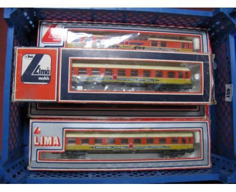 Four LIMA "HO"Gauge French SNCF Codial Livery Passenger Coaches, Ref No's 309184, 309185, 309187 and observation coach Ref No