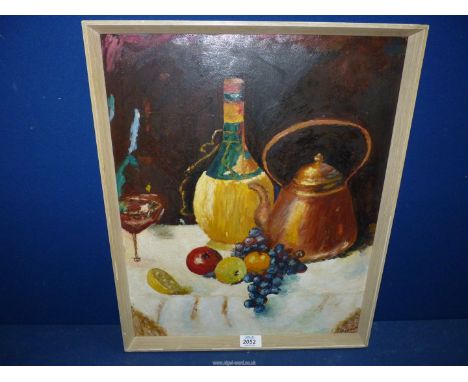 A Sir Len Hutton still life of fruit and wine bottle, etc. in original frame, signed lower right, label to verso, 17" x 20 1/