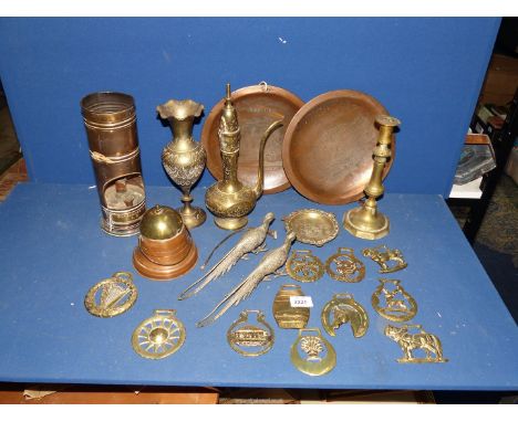A quantity of brass and copper including and Alformant room disinfector lamp, horse brasses, British Empire Exhibition 1924 p