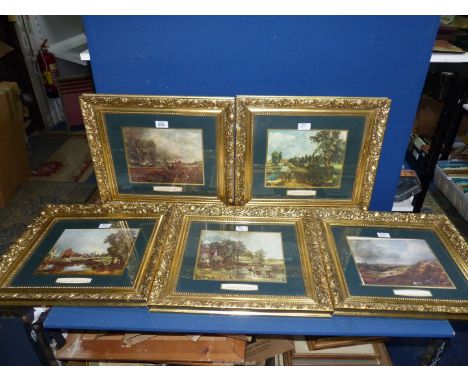 Five gilt framed John Constable Prints to include Hampstead Heath, The Haywain, Deadham Lock, Flatford Mill and The Leaping H