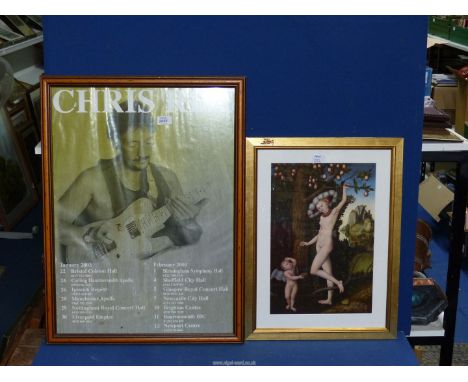 A framed Chris Rea poster, along with a print of Lucas Cranach's Venus and Cupid with Stolen Honey.