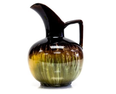 Christopher Dresser for Ault (attributed), an Art Pottery ewer, globular form with elongated spout and angled handle, red dra