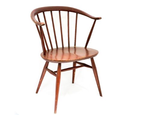 A set of four Ercol Cowhorn carver chairs, circa 1960, red stained, spindle backs, approx 77cm high