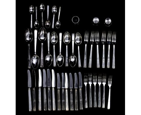 An Art Deco canteen of plated flatware, Walker and Hall, stepped, angular design, together with a cruet set