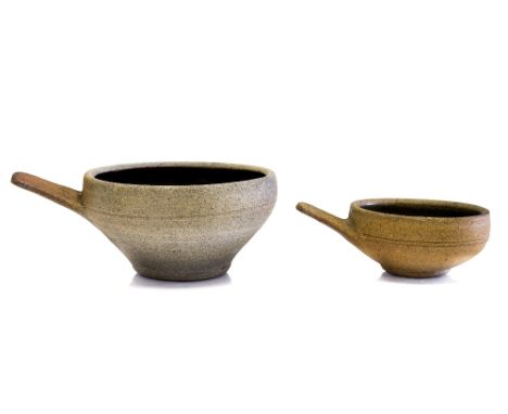 Leach Pottery, two St Ives Studio Pottery bowls, stoneware, celadon glazed stoneware, with handles, impressed marks, largest 