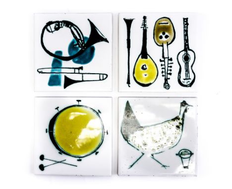 Ann Wynn Reeves for H & R Johnson, four tiles circa 1950s, three from a series of musical instruments, 15cm square (4)