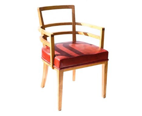 An Art Deco armchair, in the style of Gordon Russell, satin birch wit hbow arms and ladder back, the seat upholstered in red