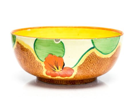 Clarice Cliff for Newport Pottery, a Nasturtium pattern bowl, yellow and orange bands to the interior, Bizarre Nasturtium mar