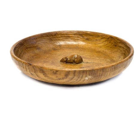 Robert Mouseman Thompson of Kilburn, an Arts and Crafts carved oak fruit bowl adzed effect, with central mouse, 30cm diameter